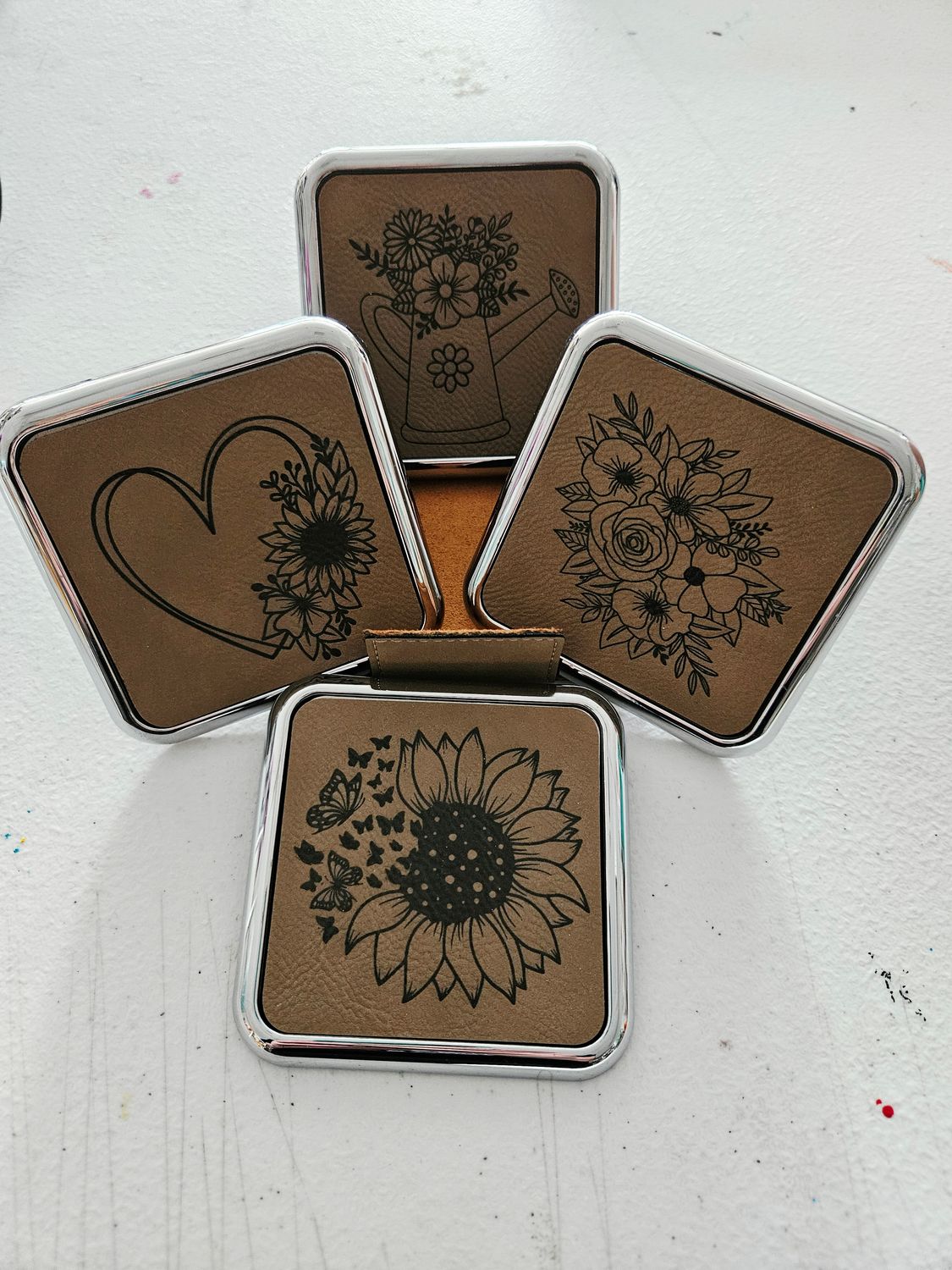 Brown Leather Floral Coaster Set