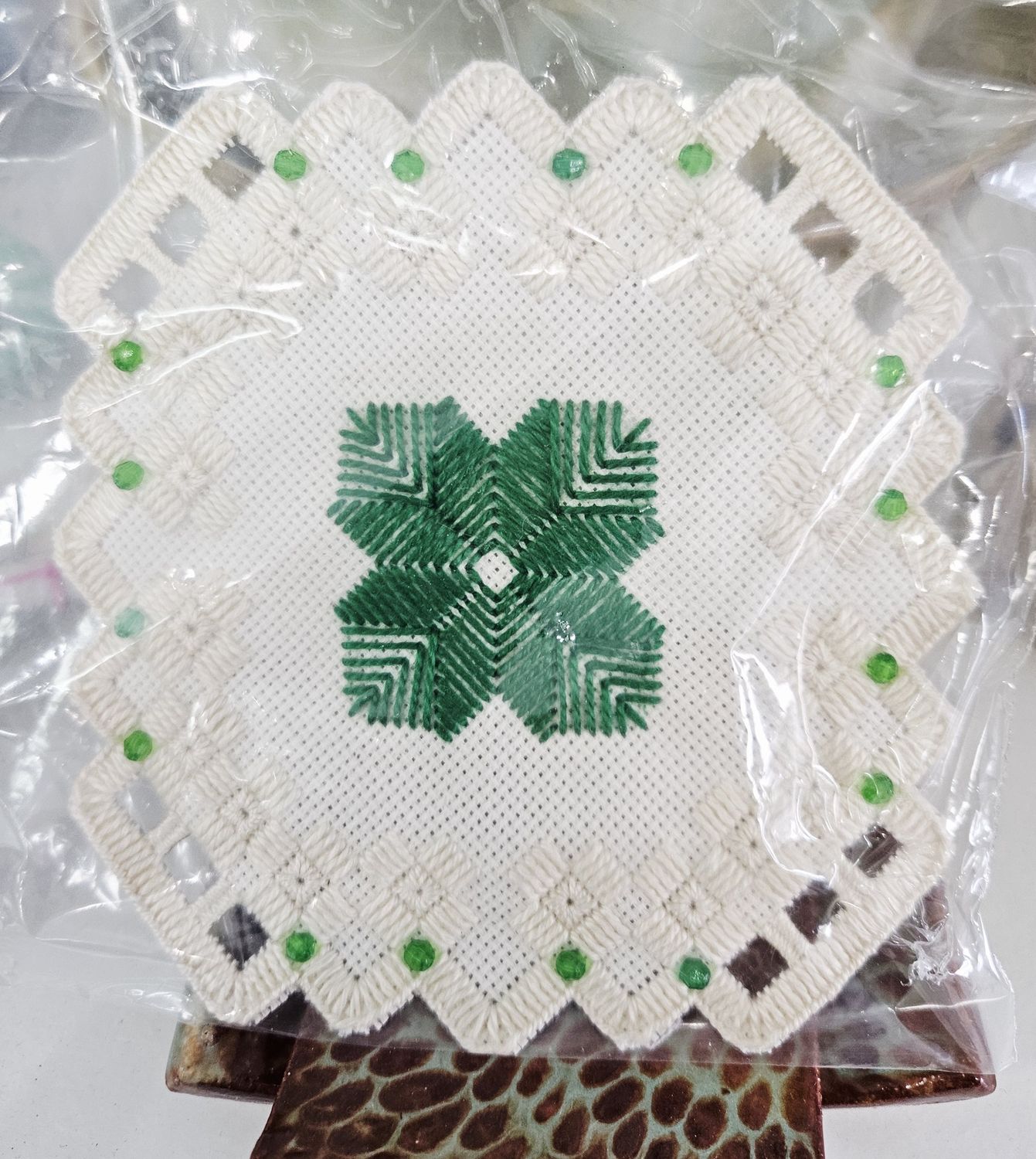 Green/Ivoy Hardanger Doily/Coaster