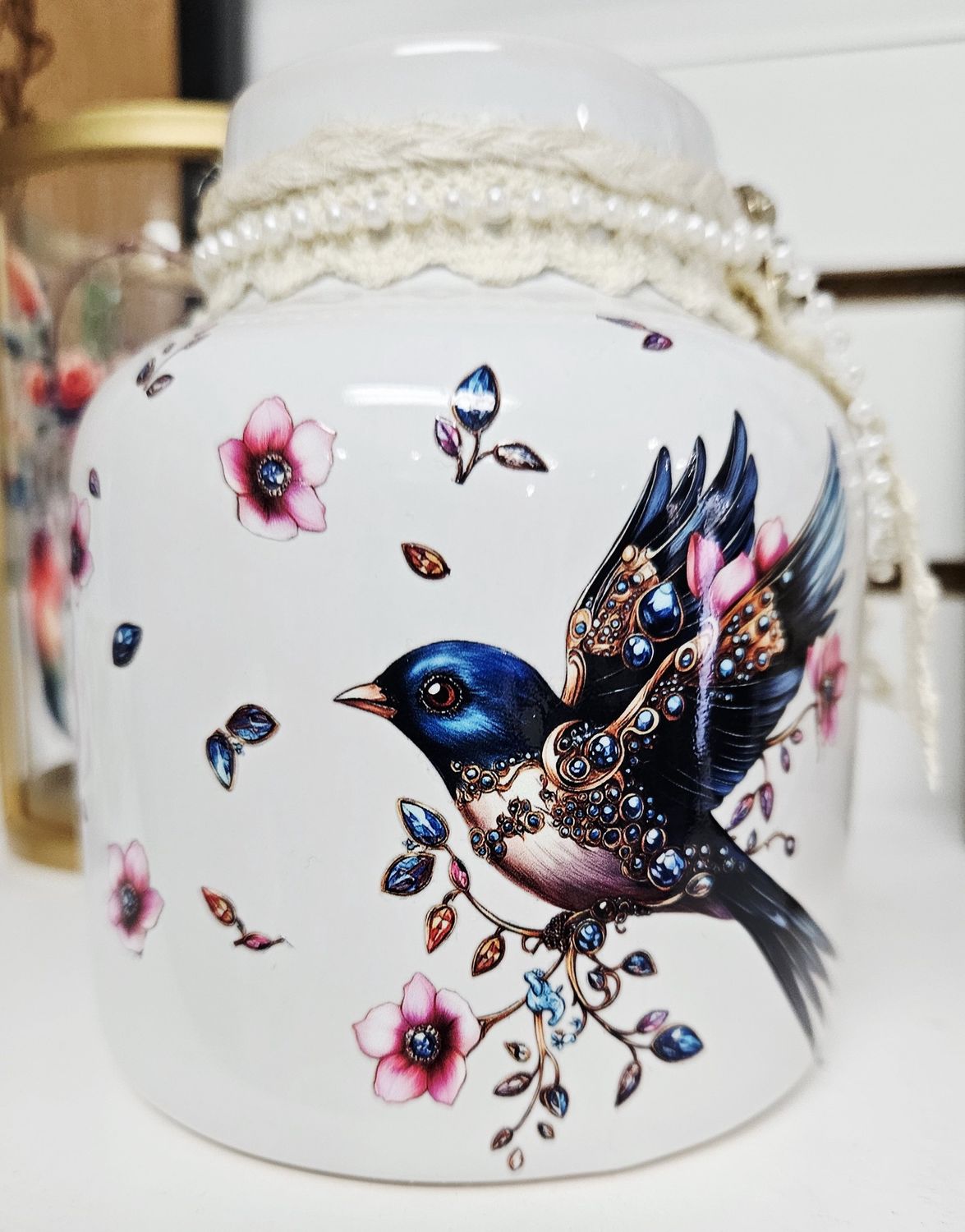 White vase with birds &amp; Flowers