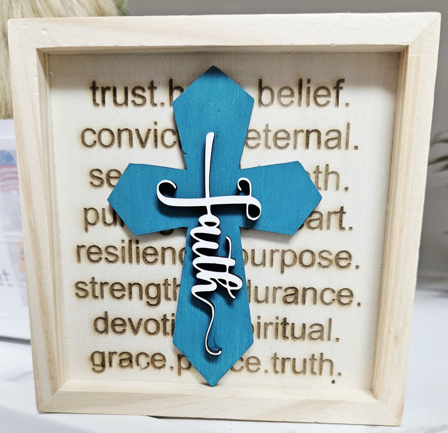 wood box w/teal faith cross