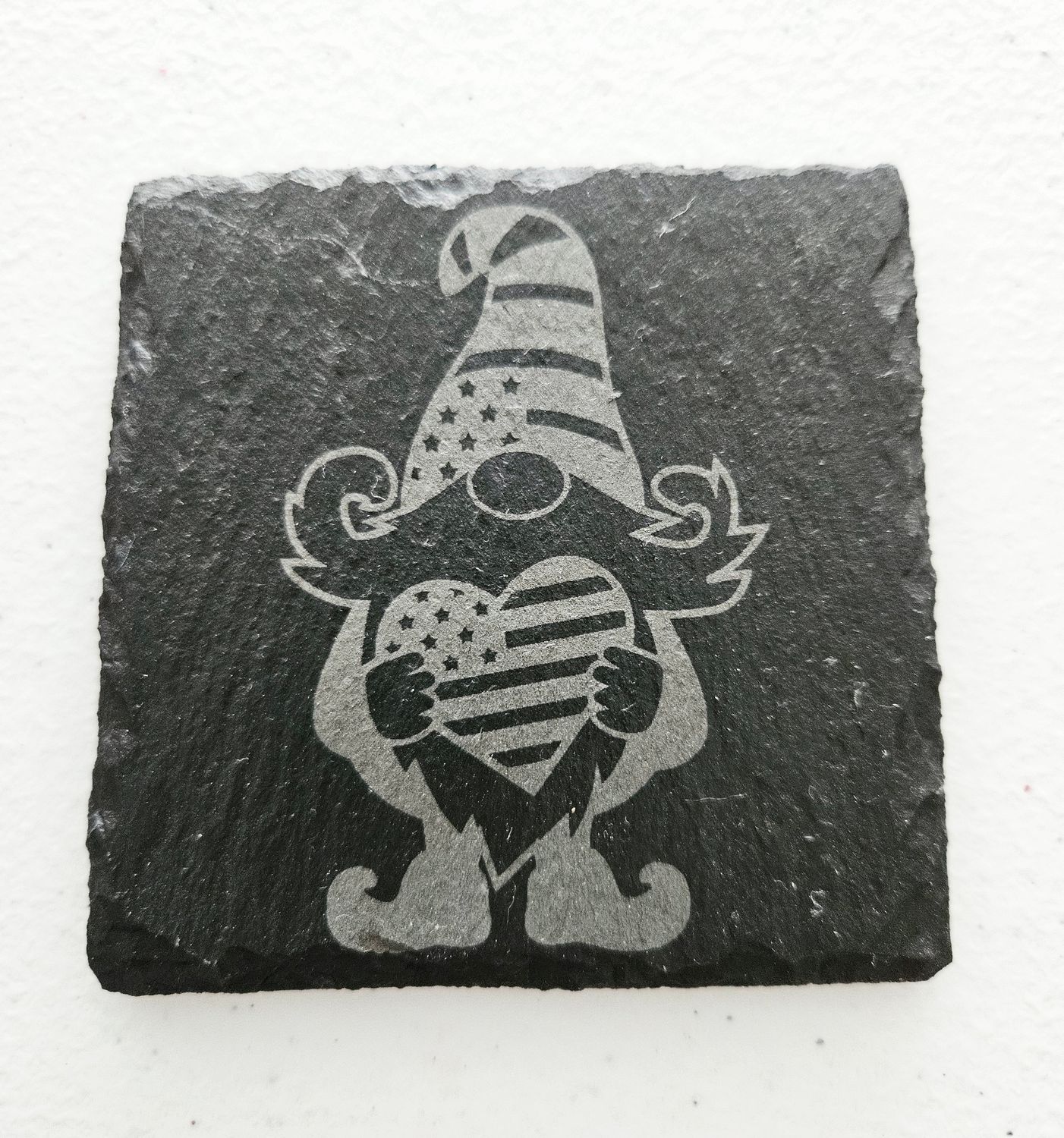Gnome with heart engraved slate coaster