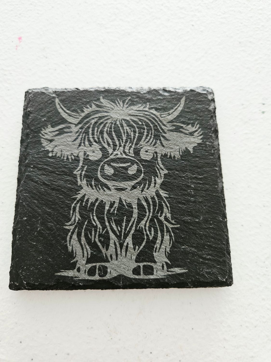 Male highland cow engraved slate coaster