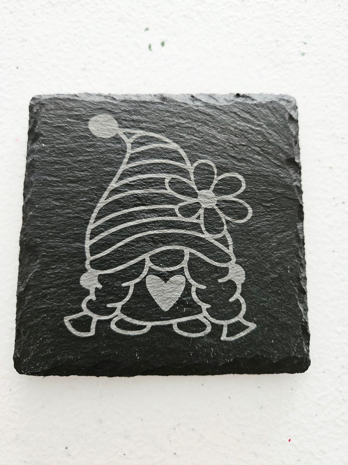 Female gnome with braids engraved slate coaster