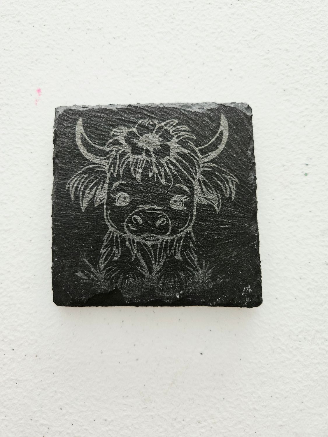 Female highland cow engraved slate coaster