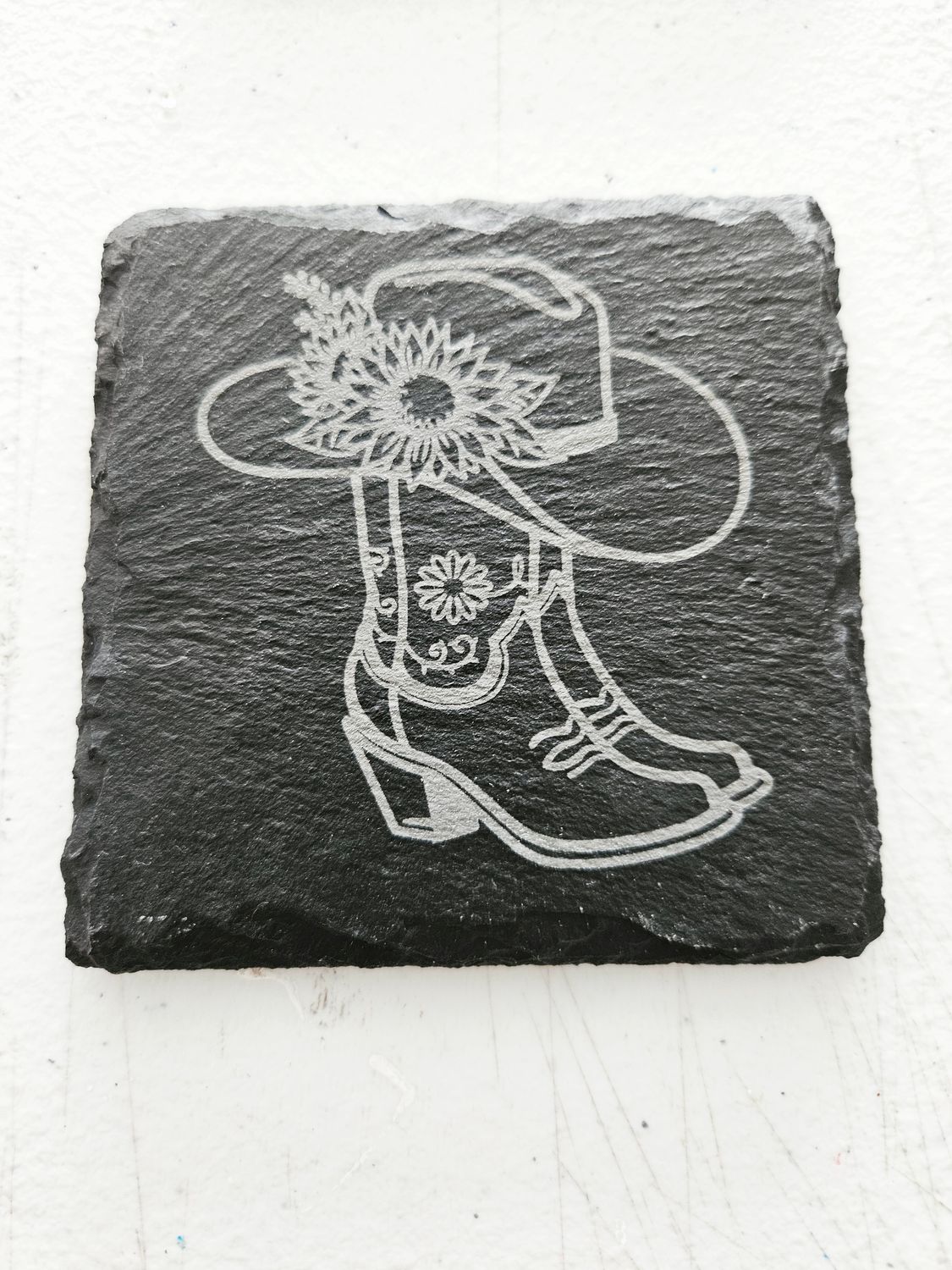 Sunflower cowboy boots slate coaster