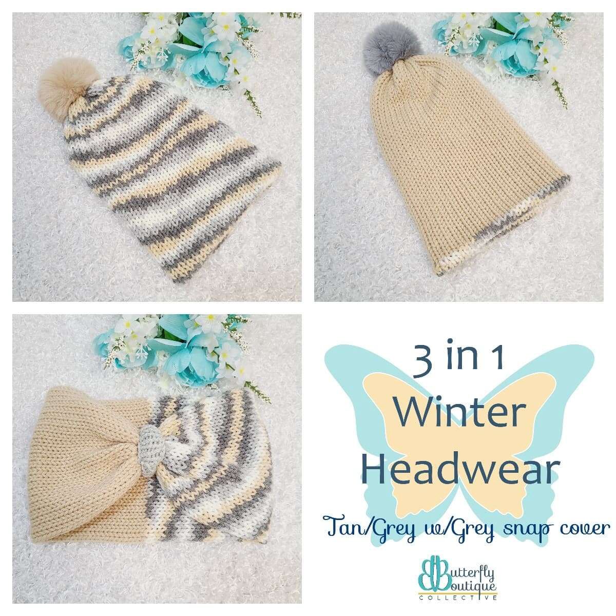 3-in-1 winter hat headband tan/grey w/ grey snap cover m/l