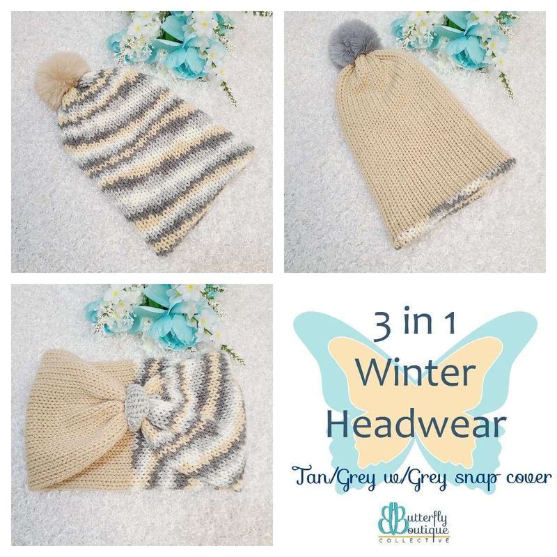 3-in-1 winter hat headband tan/grey w/ grey snap cover m/l