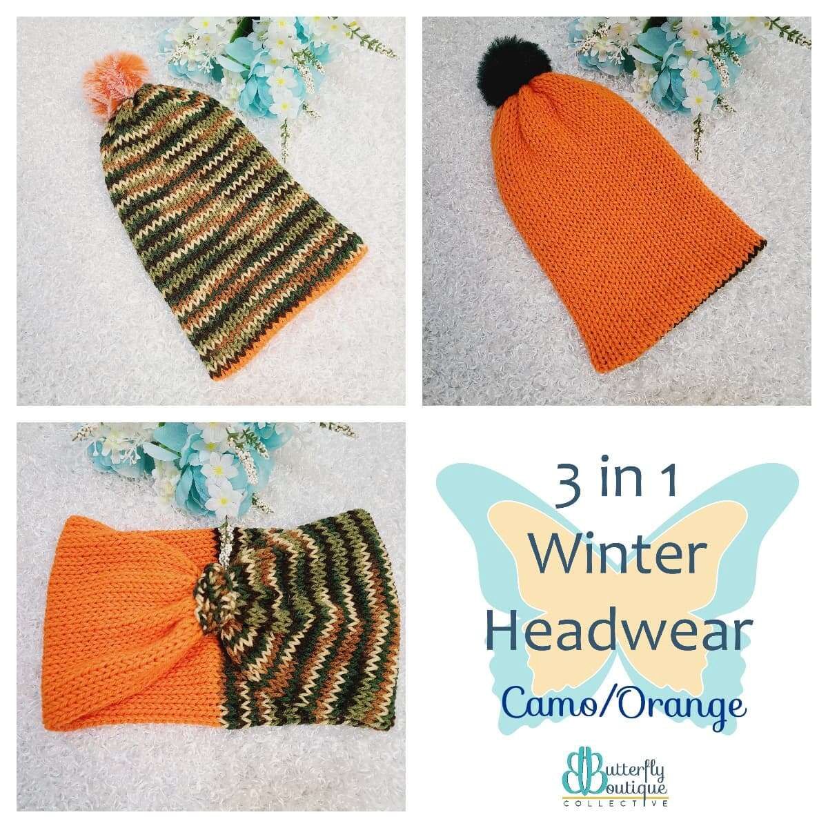 3-in-1 winter hat headband camo neon orange m/l
