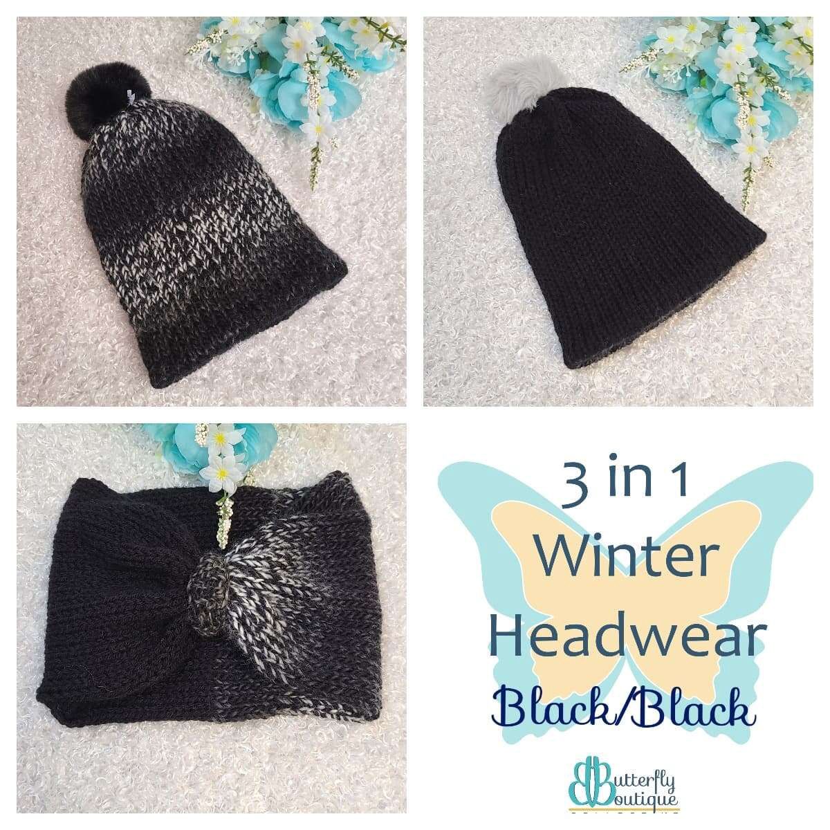 3-in-1 winter hat headband black/black m/l