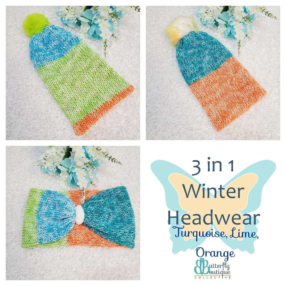 3-in-1 winter hat headband green/teal/orange l/xl