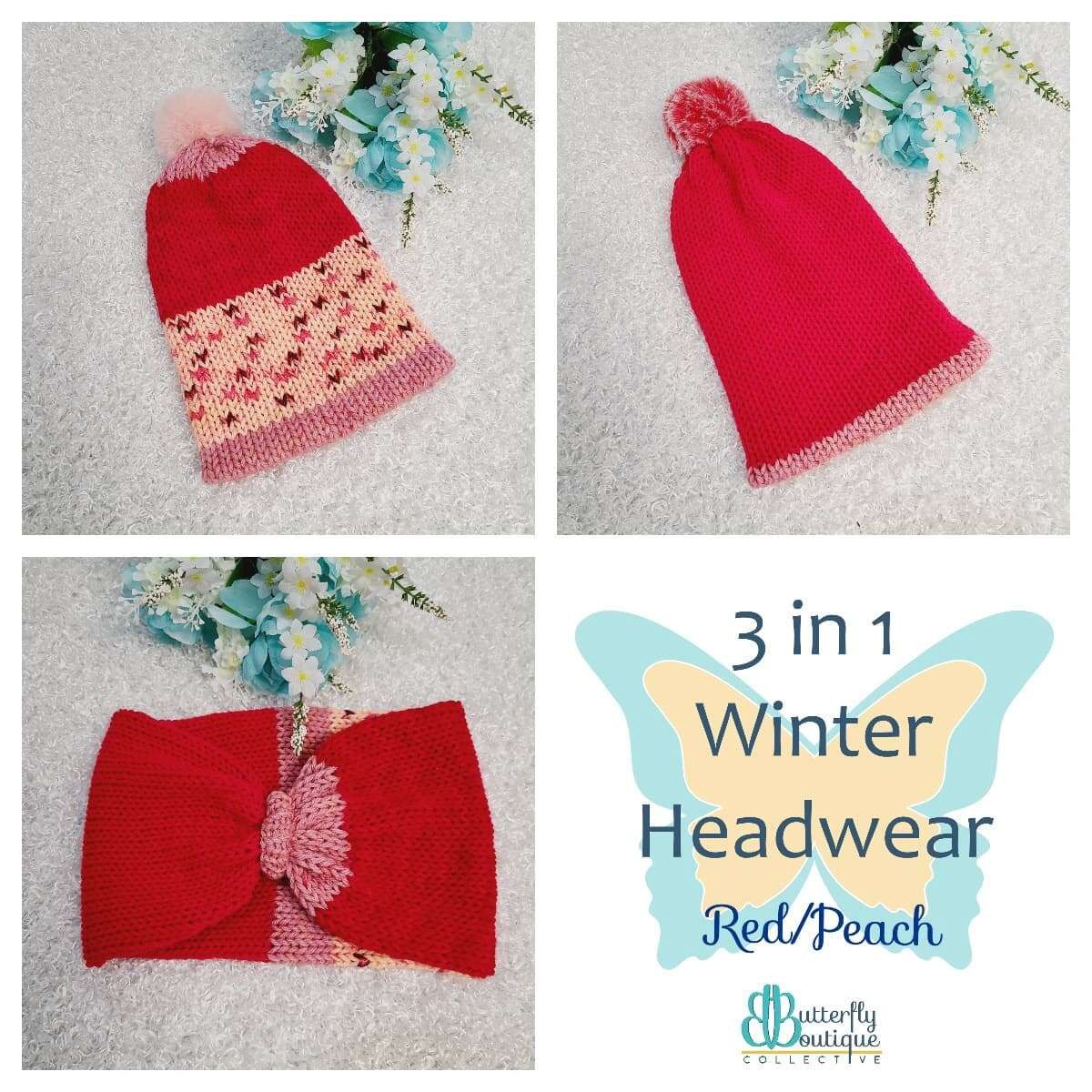 3-in-1 winter hat headband red/peach l/xl
