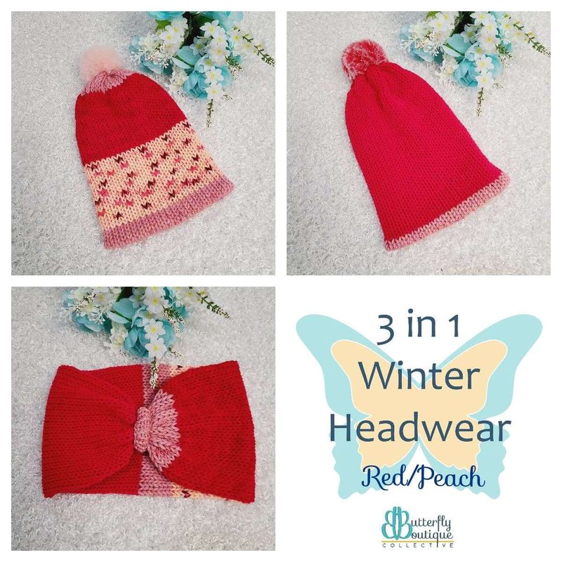 3-in-1 winter hat headband red/peach l/xl