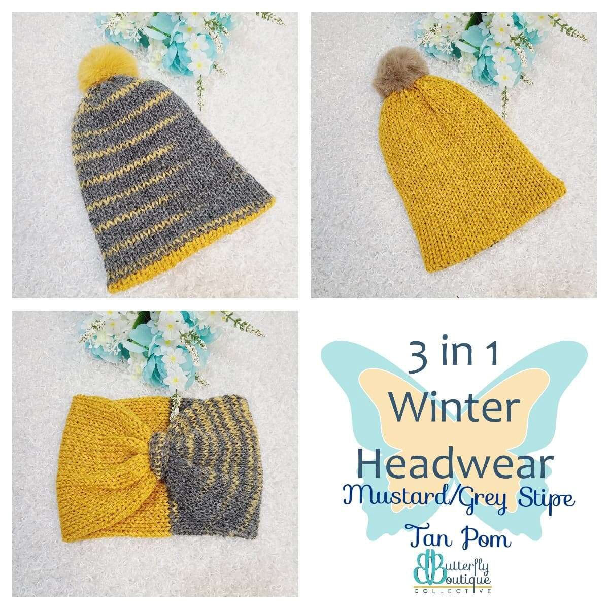 3-in-1 winter hat headband mustard/grey stripes tan pom m/l