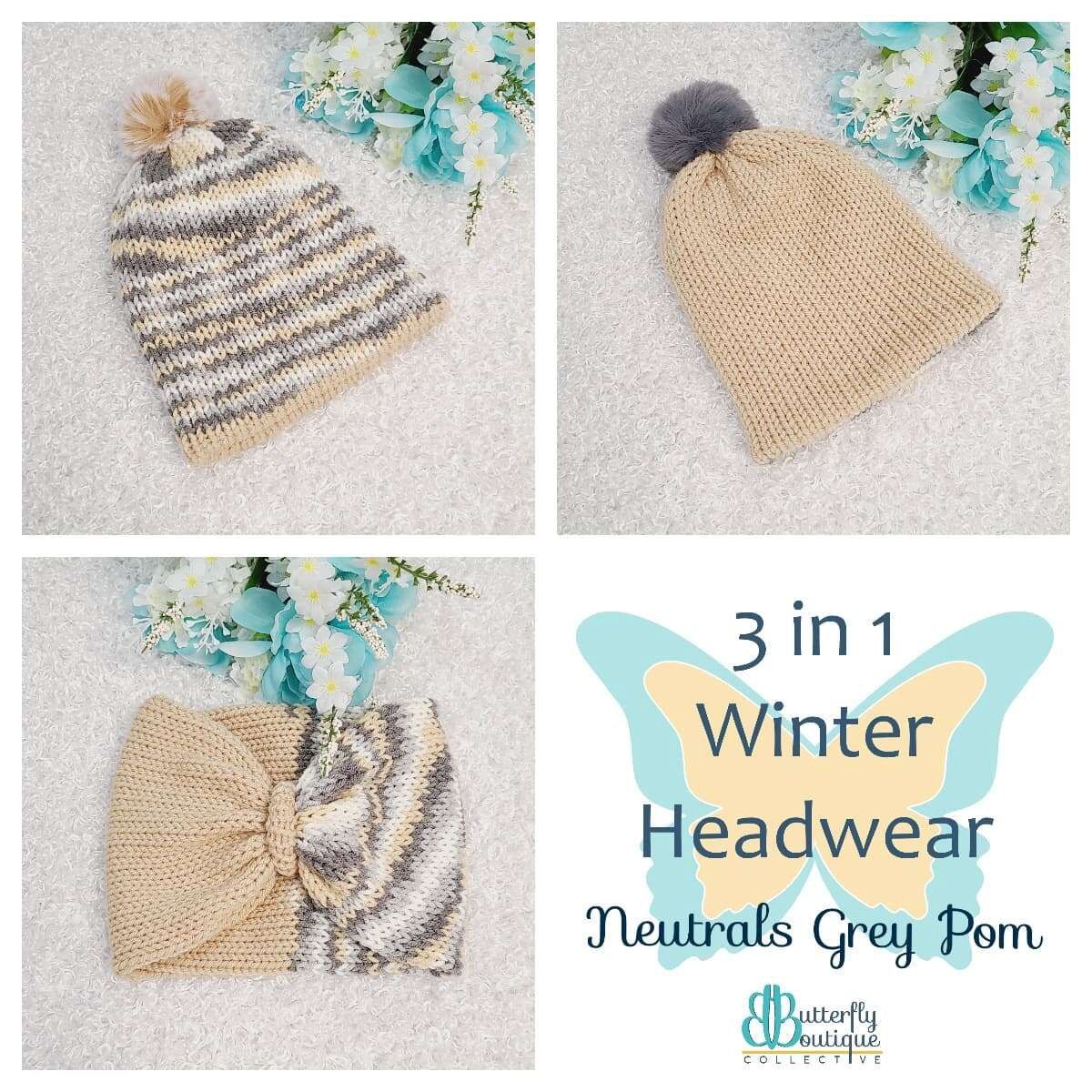 3-in-1 winter hat headband neutrals grey pom s/m