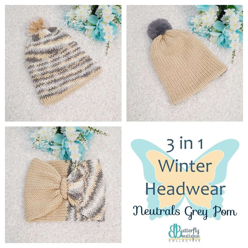 3-in-1 winter hat headband neutrals grey pom s/m
