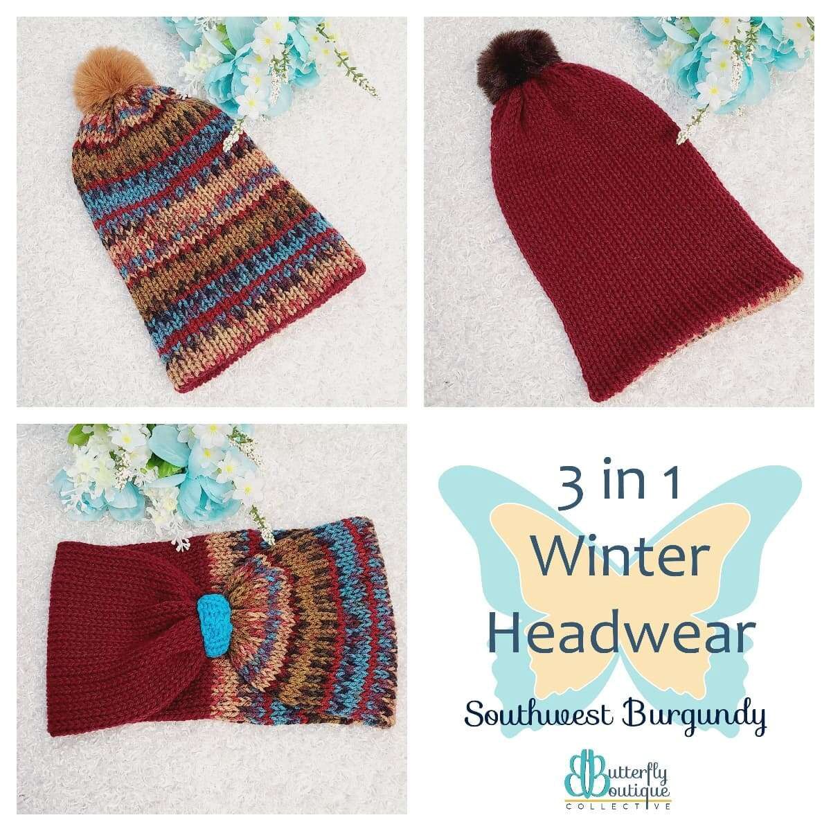 3-in-1 winter hat headband southwest burgundy l/xl