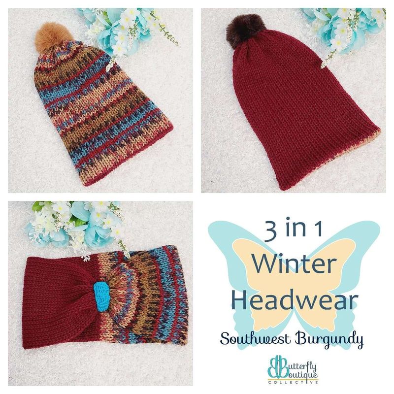 3-in-1 winter hat headband southwest burgundy l/xl