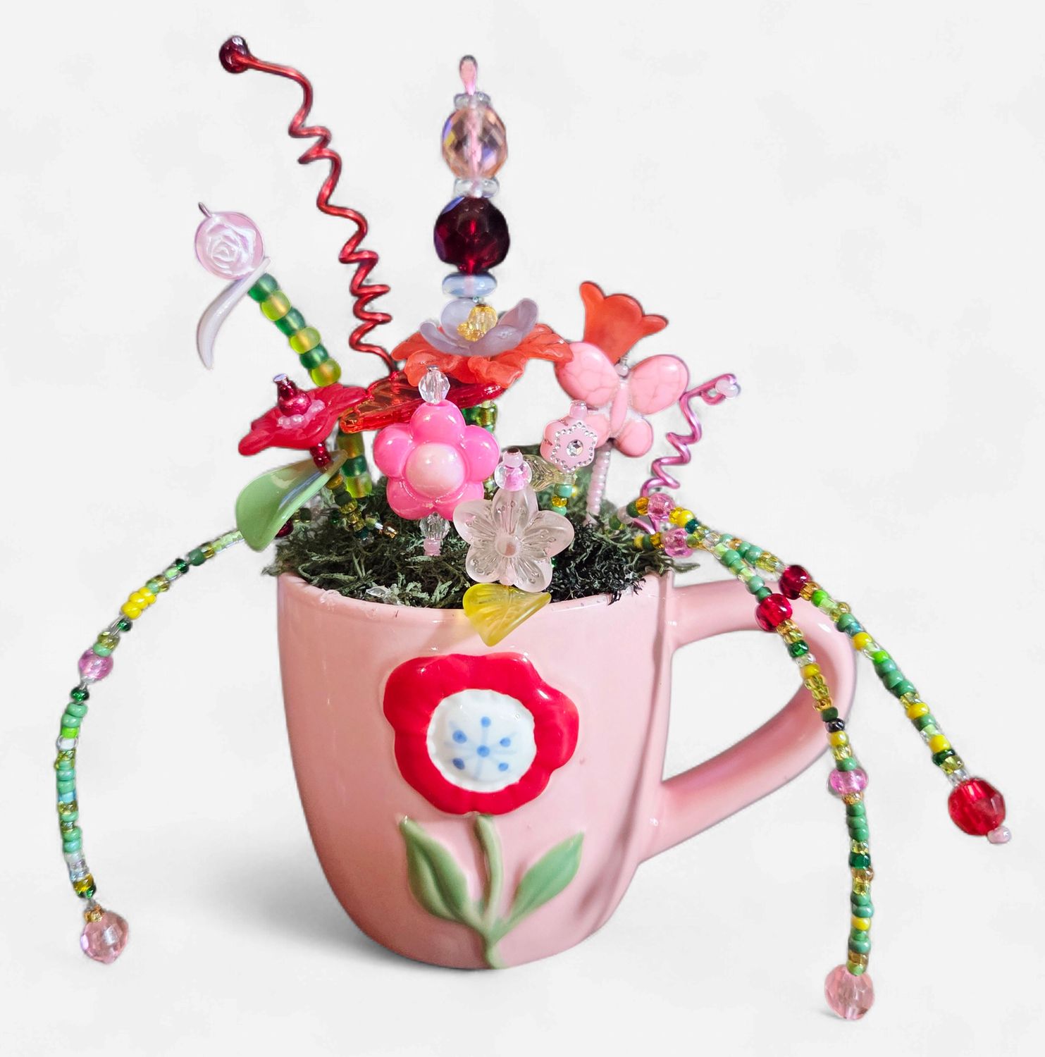 Beaded Flower Mini Teacup - Pink w/Red beaded flowers
