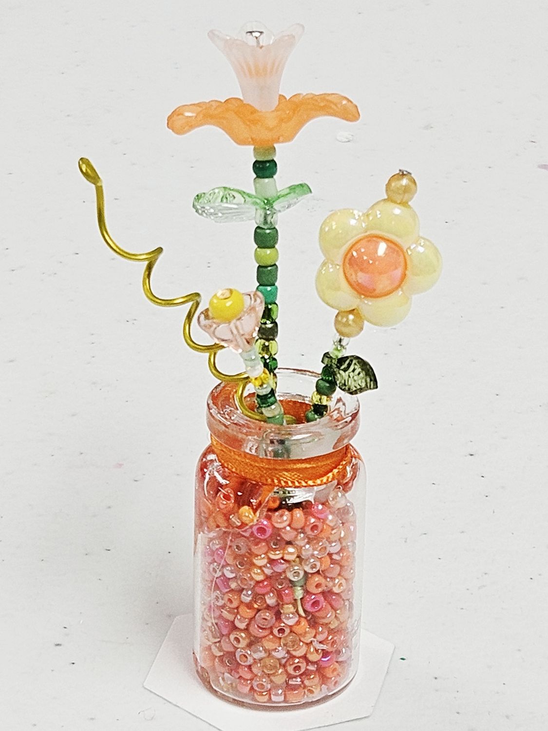 Orange Beaded Flower Clear Vase