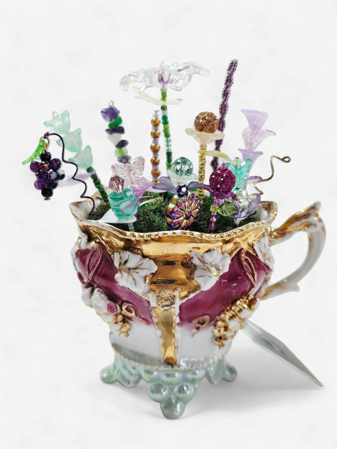 Purple &amp; Green Grape teacup with beaded flowers