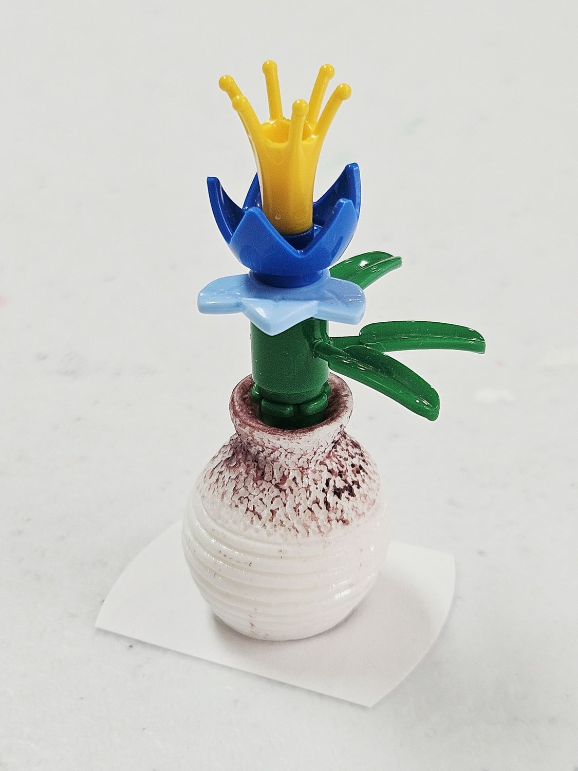 Single Blue flower in brown/white vase