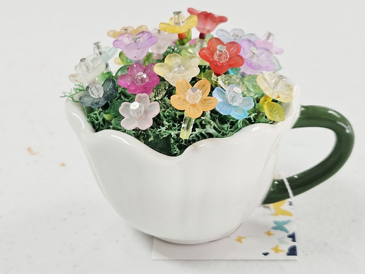 White flower tea cup with beaded flowers