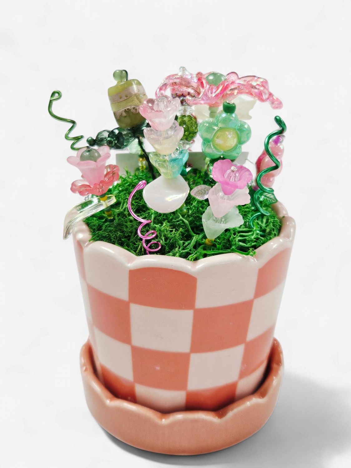 Pink check pot with pink and green beaded flowers