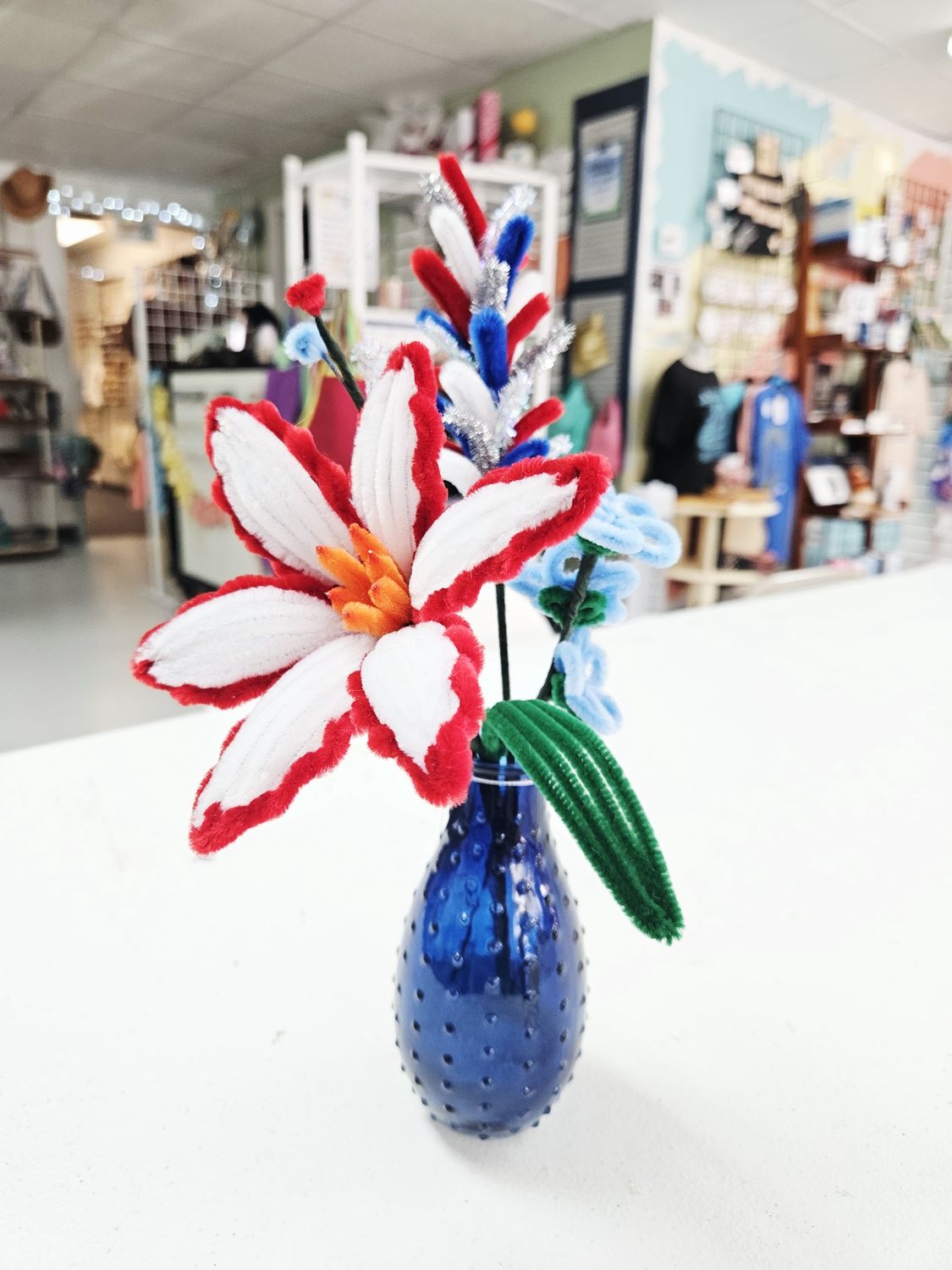 Red/White/Blue Pipecleaner bouquet with Blue Vase