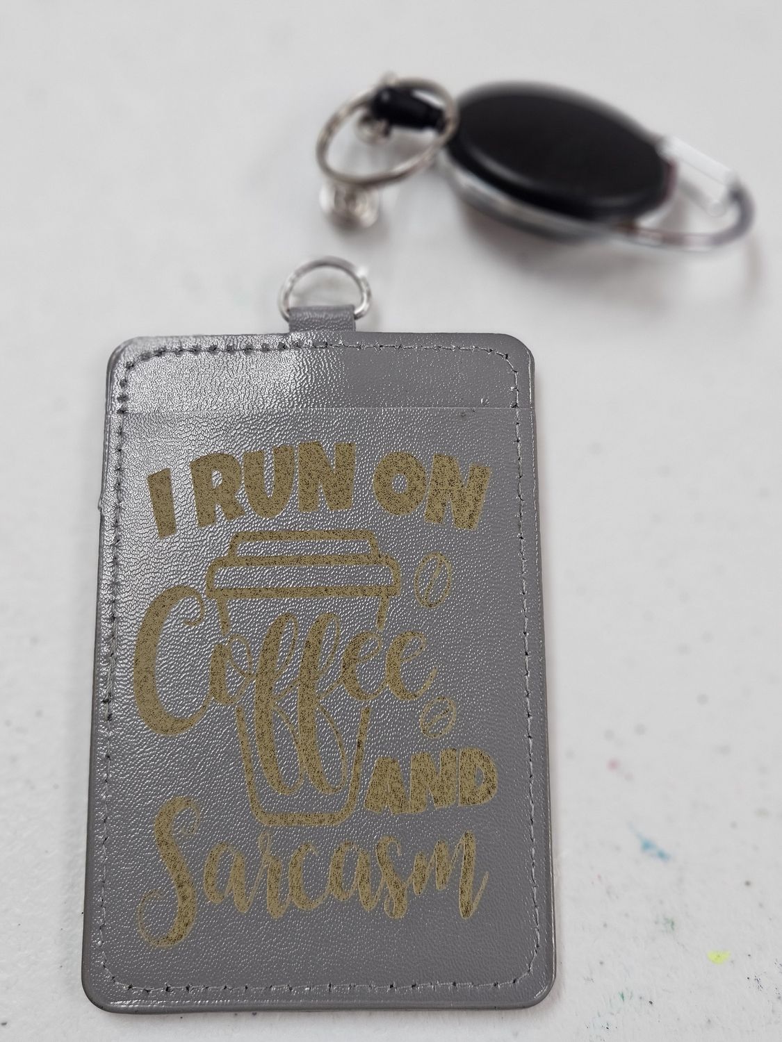 Coffee &amp; Sarcasm Grey ID Badge Holder