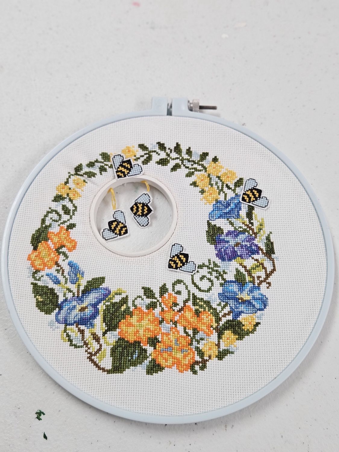 Bees &amp; Flowers Blue Cross Stitch