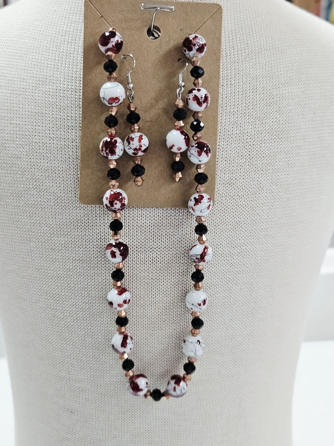 Red Splatter Beaded necklace and earring set