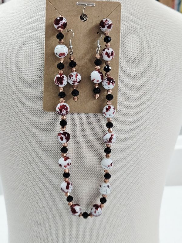 Red Splatter Beaded necklace and earring set