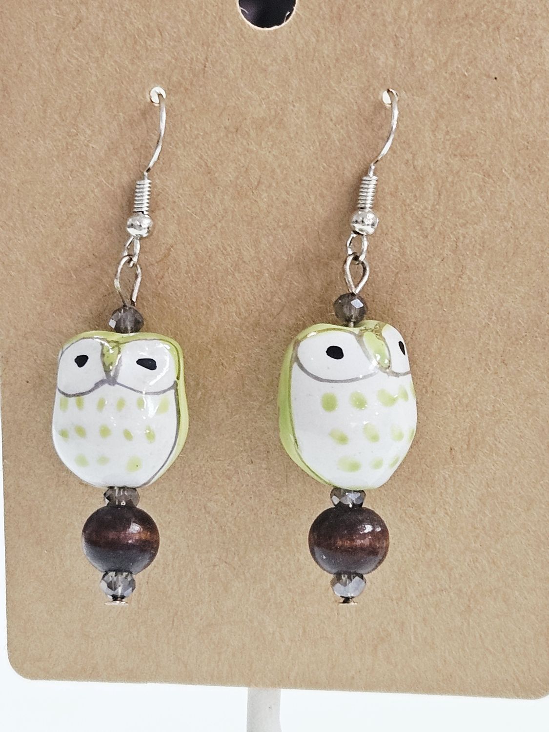 Green owl beaded earrings
