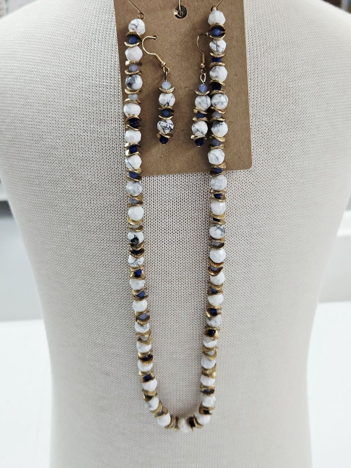 White Howlite and Blue Beaded Necklace &amp; Earring set