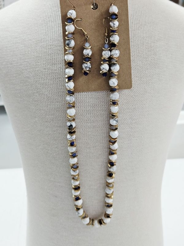 White Howlite and Blue Beaded Necklace &amp; Earring set
