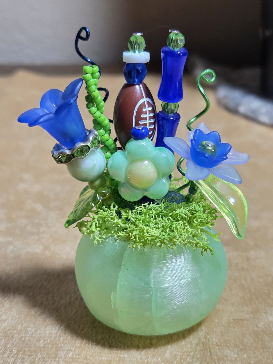 Blue/Green Football Beaded Flower in Lime 3D Vase