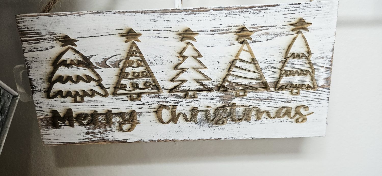Whitewash Merry Christmas w/Trees Hanging Sign