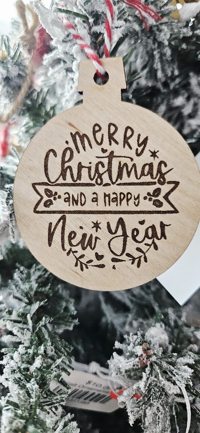 Merry Christmas Happy New Year Round Wood Ornament