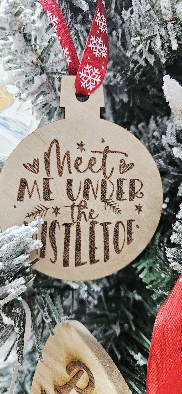 Meet Me Under The Mistletoe Round Wood Ornament