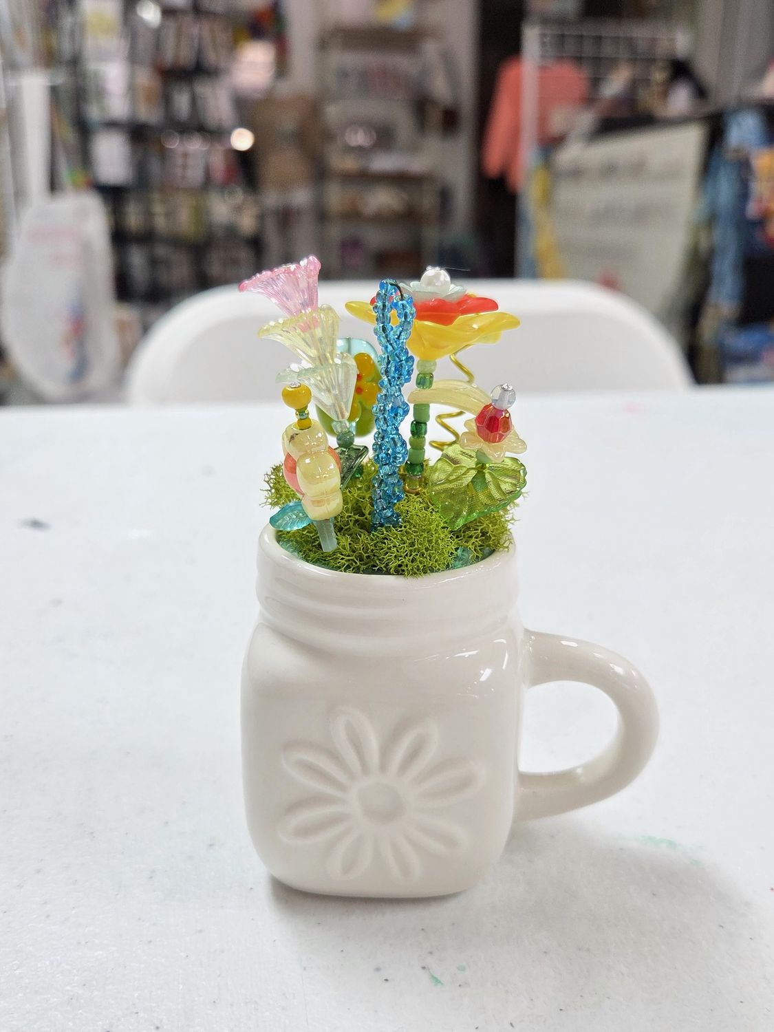 Red/Yellow/Blue Beaded Flower White Mason Jar
