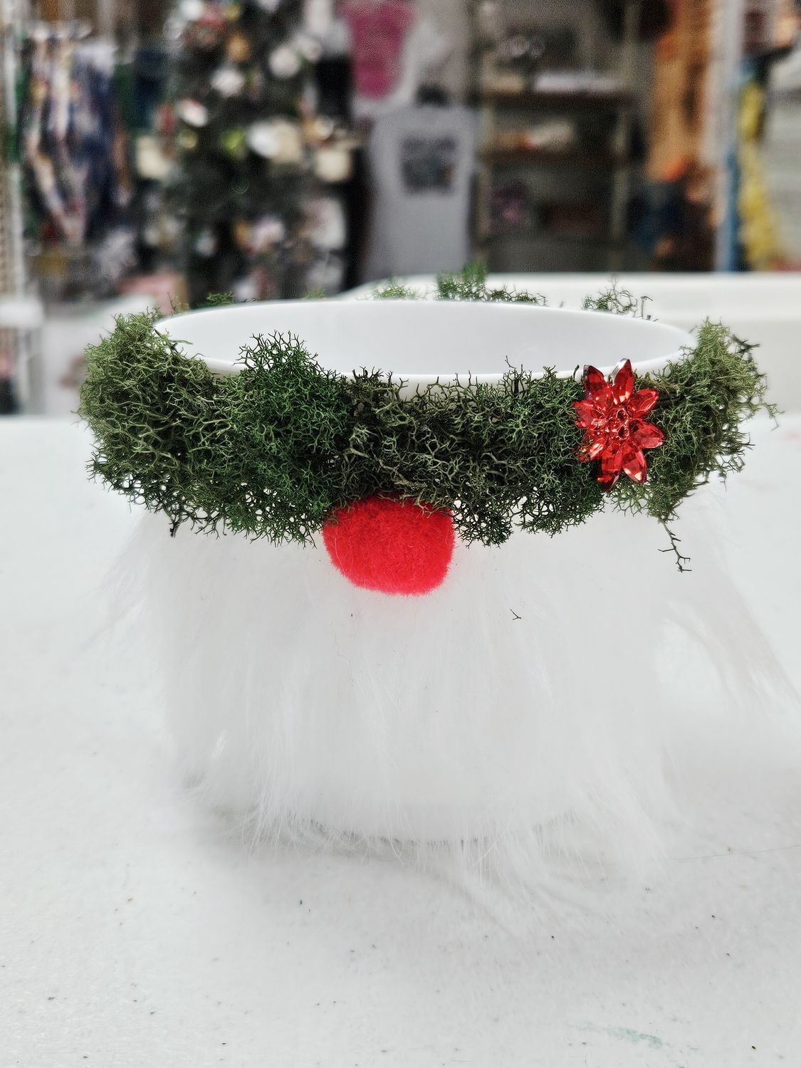 White Fur with Red Poinsettia Gnome Small Planter