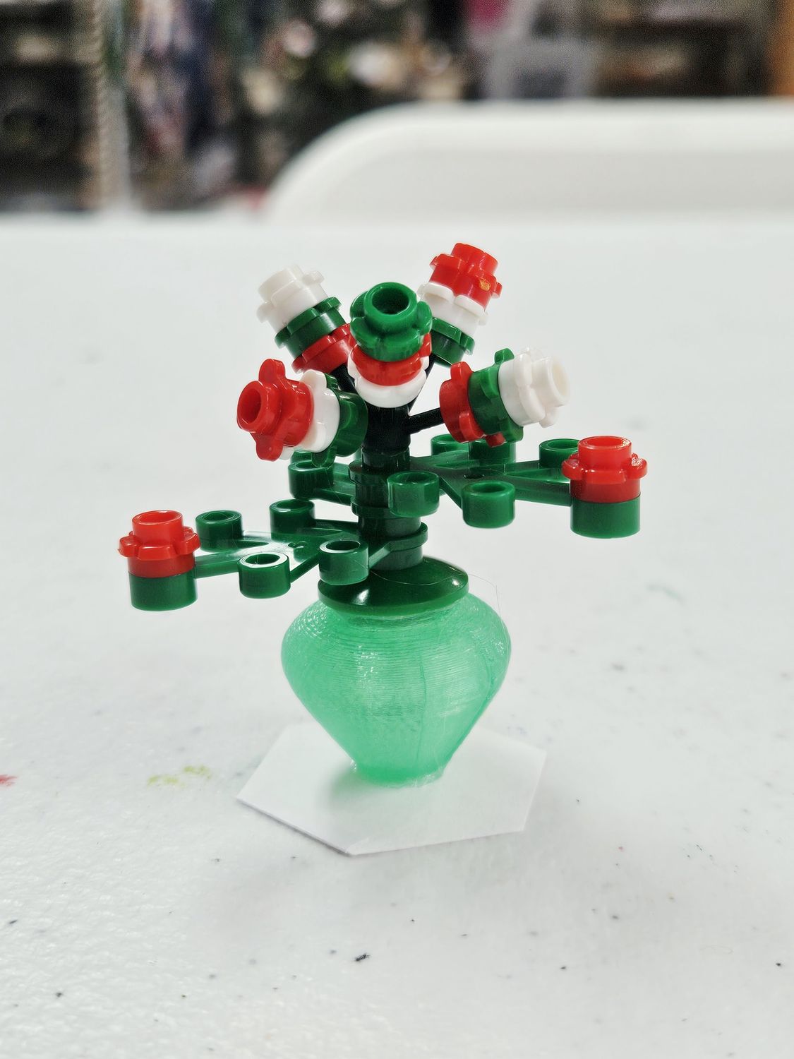 Red/White/Green Building Block Flowers in Green 3D Vase