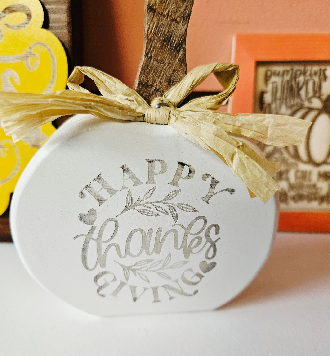 White Engraved Pumpkin Happy Thanksgiving