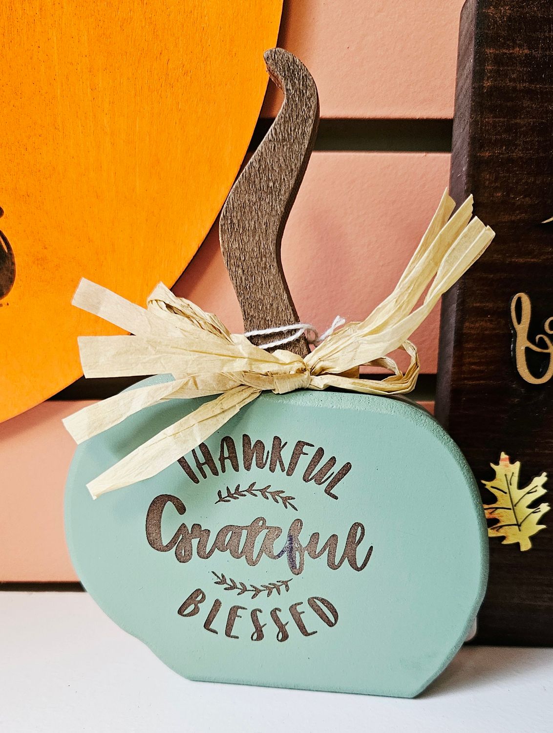 Green Engraved Pumpkin Thankful Grateful Blessed