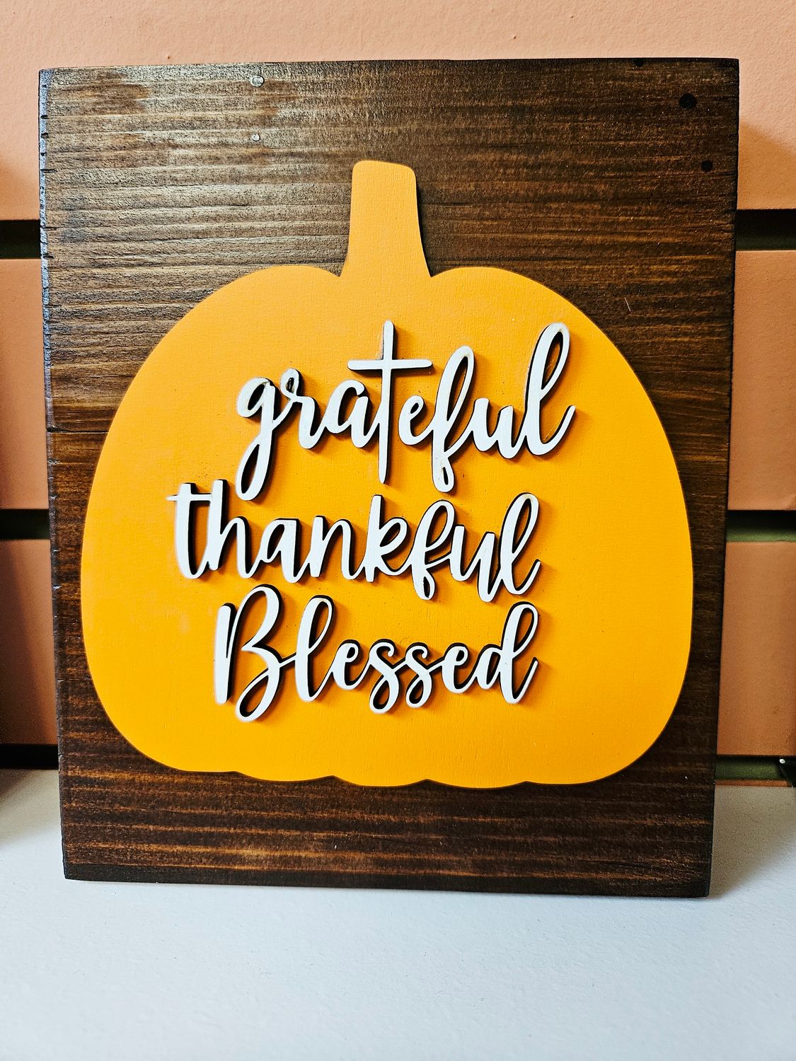 Grateful Thankful Blessed Orange Pumpkin on Stained Square