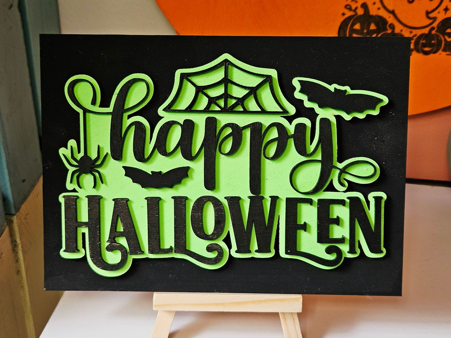 Happy Halloween Square Sign w/Easel Black/Green