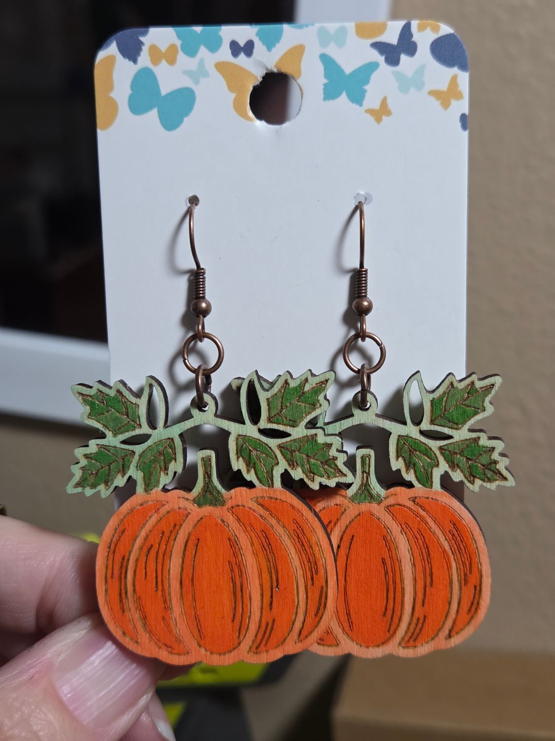 Orange Pumpkin w/Green Leaves Dangle Earrings