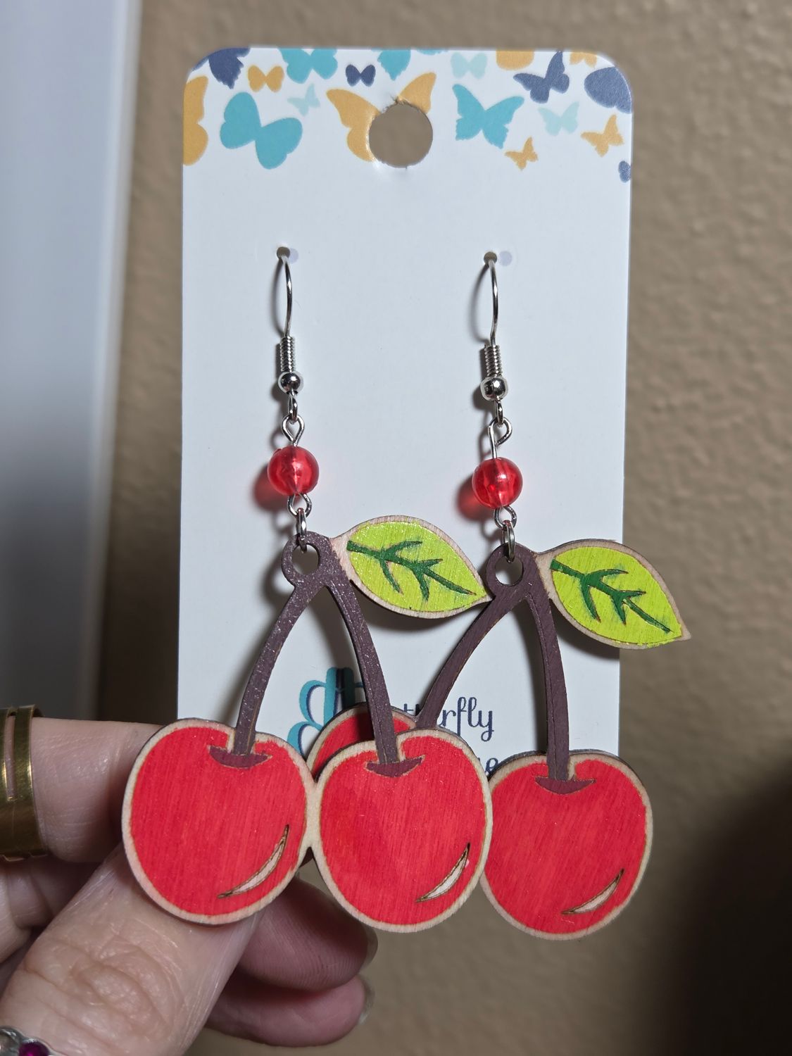 Cherry Dangle Earrings w/Red Bead