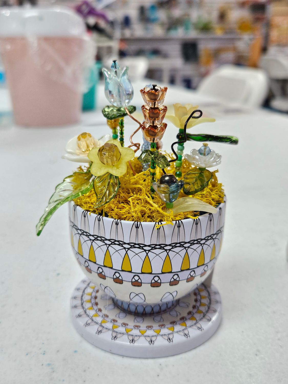 Blue/Brown/Yellow Beaded Flower metal pot