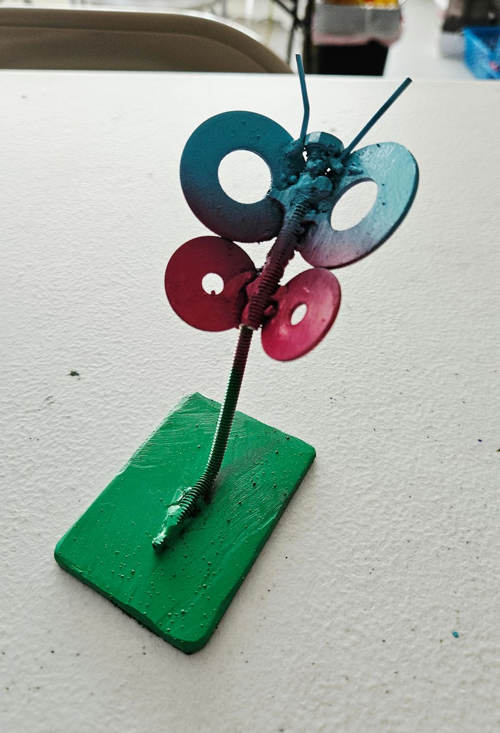 Metal Butterfly Blue/Pink with Green Stand
